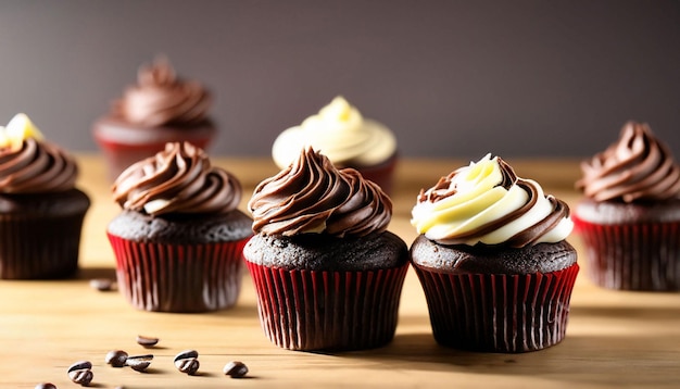 Cupcakes on a table with coffee beans on the table