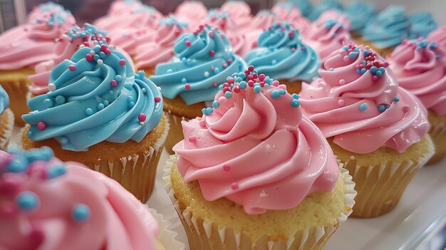 Cupcakes versierd met roze en blauwe glazuur, pastelglazuur en marzipan