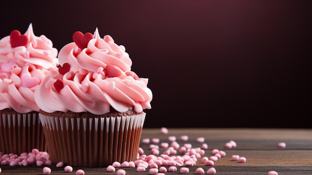 Cupcakes versierd met suiker harten voor Valentijnsdag op rode achtergrond