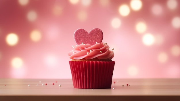 Cupcakes versierd met suiker harten voor Valentijnsdag op rode achtergrond