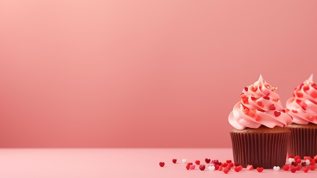 Cupcakes versierd met suiker harten voor Valentijnsdag op rode achtergrond