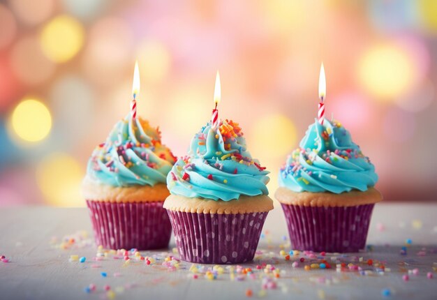 cupcakes with blue frosting and a lit candle