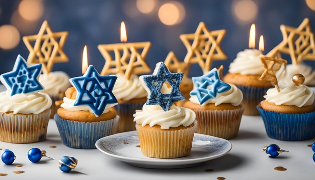 青い星と星の形をしたろうそくのカップケーキ