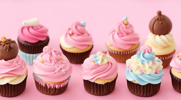 Cupcakes with buttercream frosting on pink background closeup