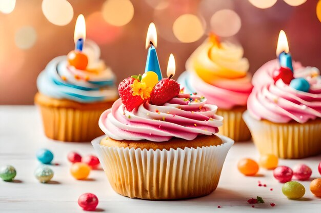 Cupcakes with a candle that says happy birthday