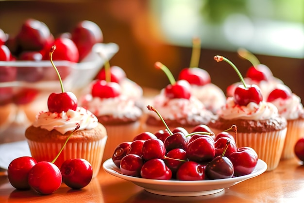 Cupcakes with cherries and cream on a metal tray Generative AI
