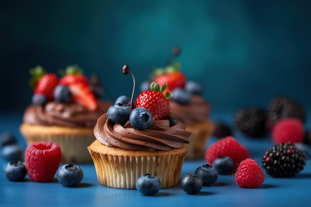 Cupcakes with chocolate frosting and berries on a blue background