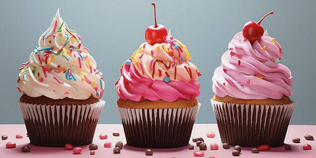 Cupcakes with colorful cream and cherry