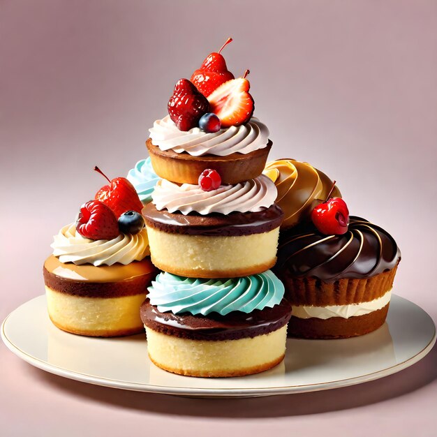 Cupcakes With Cream And Berries On A Plate On A Pink Background