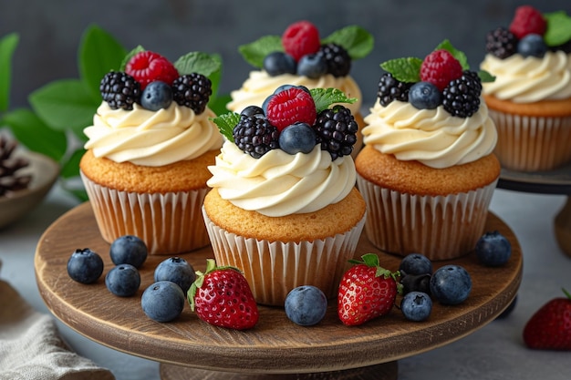 Cupcakes with cream and berries