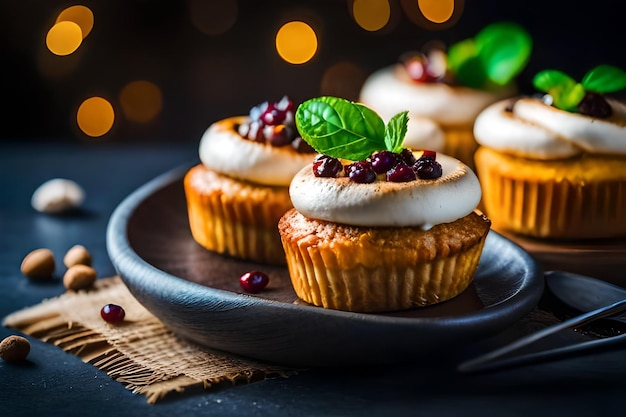 cupcakes with cream cheese frosting and a green leaf on top.