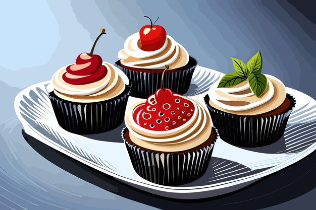 Cupcakes with cream and cherry on a plate Vector illustration tasty delicious bakery celebration