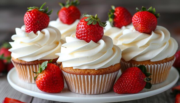 Cupcakes with cream frosting and strawberries