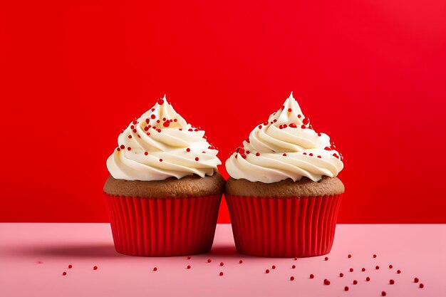 Photo cupcakes with cream and red background