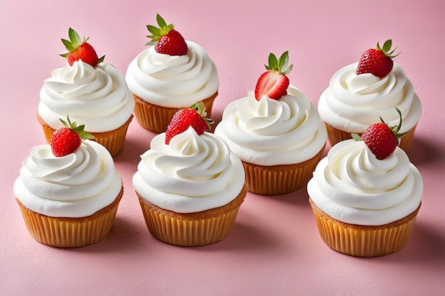 Cupcakes with creamy icing on a pink background Template for displaying product presentation