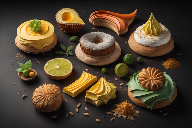 Photo cupcakes with different flavors on a dark background toned generative ai