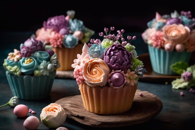 Cupcakes with floral decor in pastel colors