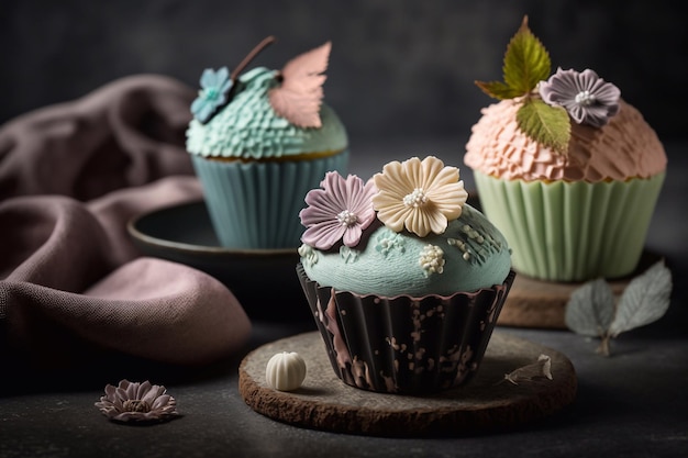 Cupcakes with floral decor in pastel colors
