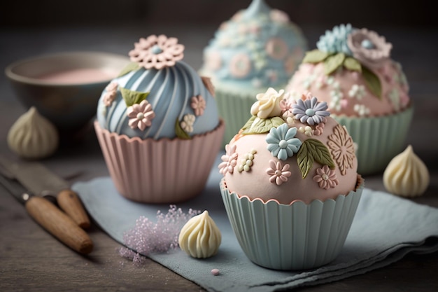 Cupcakes with floral decor in pastel colors