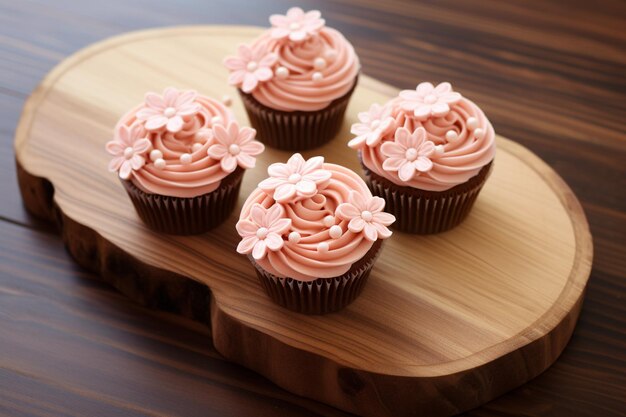 Cupcakes with flowers on wood