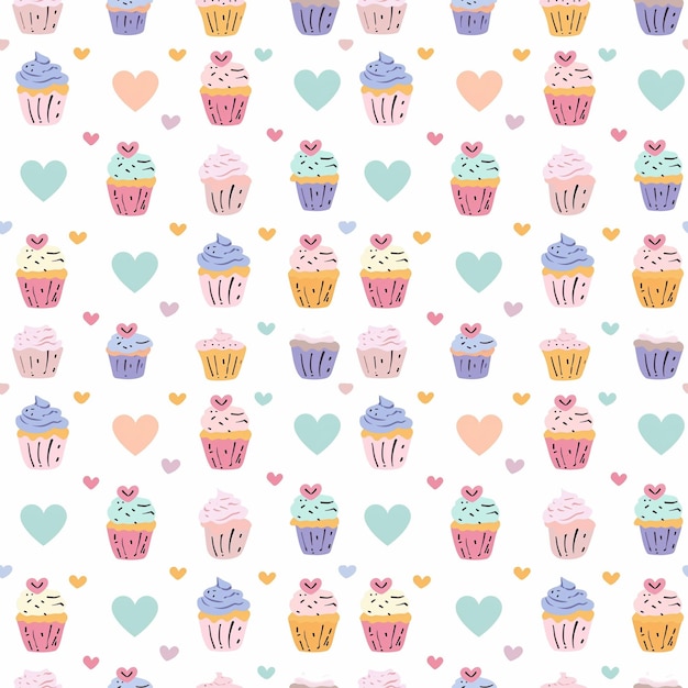 Cupcakes with hearts seamless pattern Gift wrapping background Valentines Day