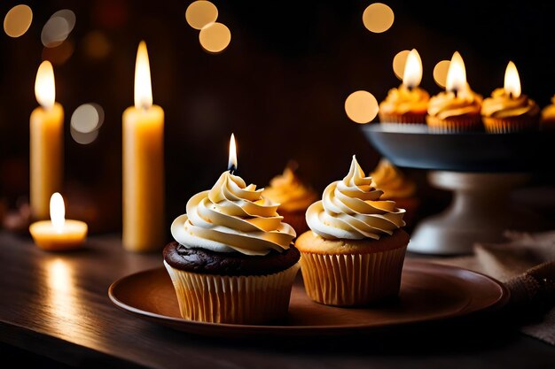 Foto cupcake con candela illuminata sul tavolo realistico