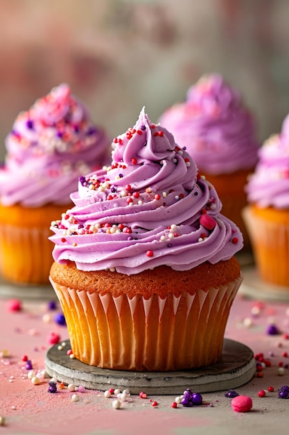 写真 紫色のグラスで上に色とりどりのスプリンクルが付いたカップケーキ