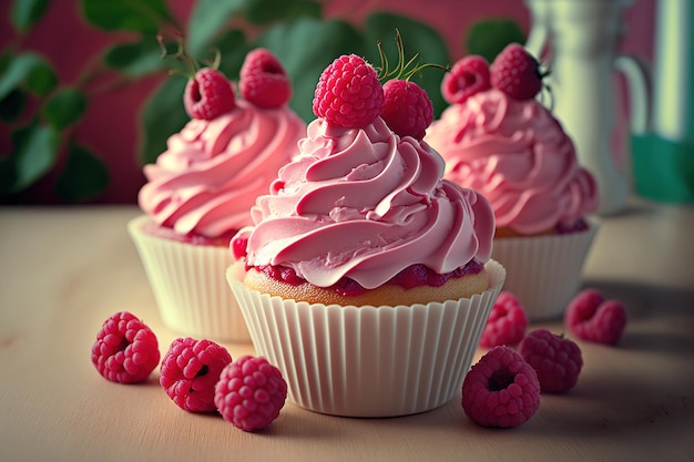 Cupcakes with raspberries and pink cream