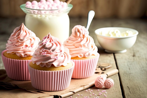 Cupcakes with soft pink cream as delicious holiday snack