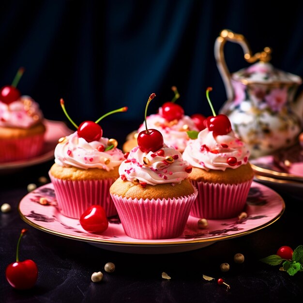 Cupcakes with sprinkles on a plate placed on a table