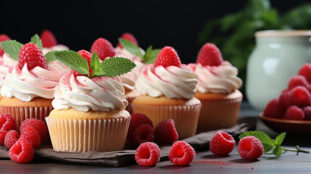 Cupcakes with strawberries whipped cream and mint