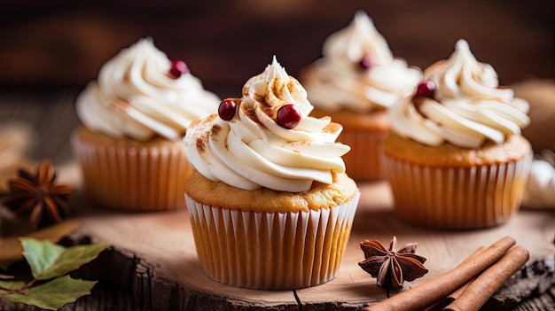 Cupcakes with whipped cream and cranberries selective focus Generative AI