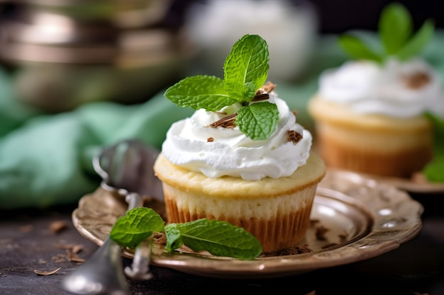 Cupcakes with whipped cream and mint leaves