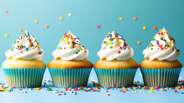 Cupcakes with white frosting and colorful sprinkles on a blue background