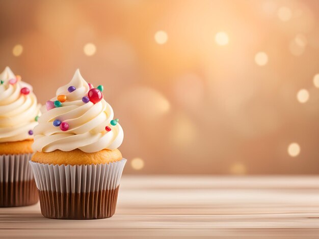 Photo cupcakes on a wooden table background with copy space and bokeh