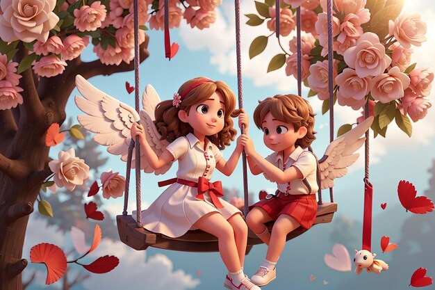 Cupid with cute girl on swing