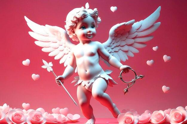 Cupido en harten op een roze achtergrond