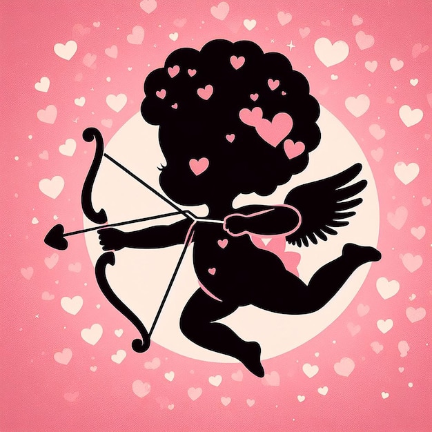 Foto cupido's silhouet charmante engel van de liefde te midden van een regen van harten