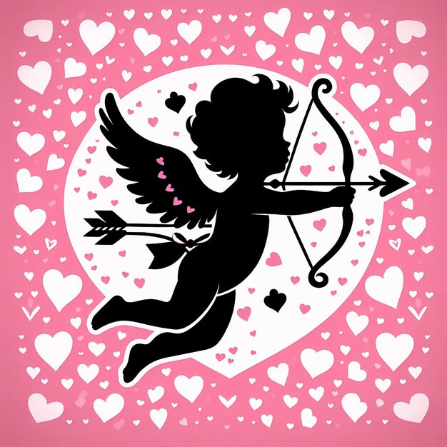 Foto silhouette di cupido angel affascinante dell'amore in mezzo a una pioggia di cuori