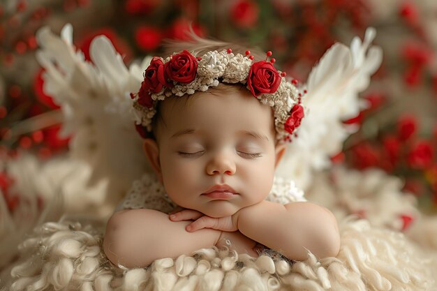 Cupids slumber newborn angel in floral crown