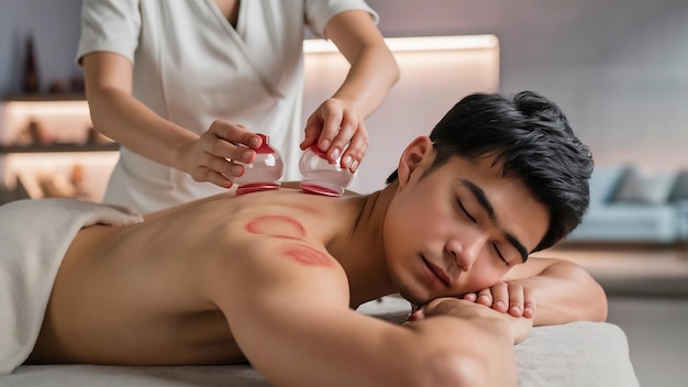 Photo cupping massage young man enjoying back and shouders massage in spa