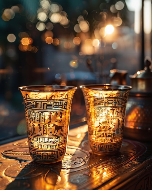 Cups Ancient Egypt Timetraveling cups showcasing ancient Egyptian motifs hieroglyphics and regal designs reflecting the rich history of the era Realistic Golden hour Depth of field bokeh effect