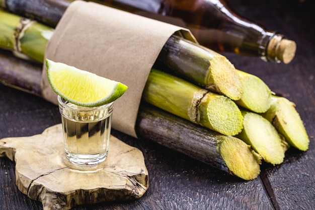 Cups of cachaÃ§a, with sugar cane in the background, a Brazilian drink popularly called "pinga"