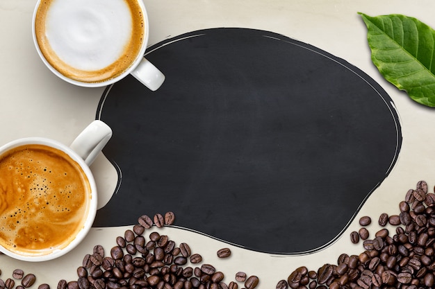Cups of coffee, leaf and coffee beans