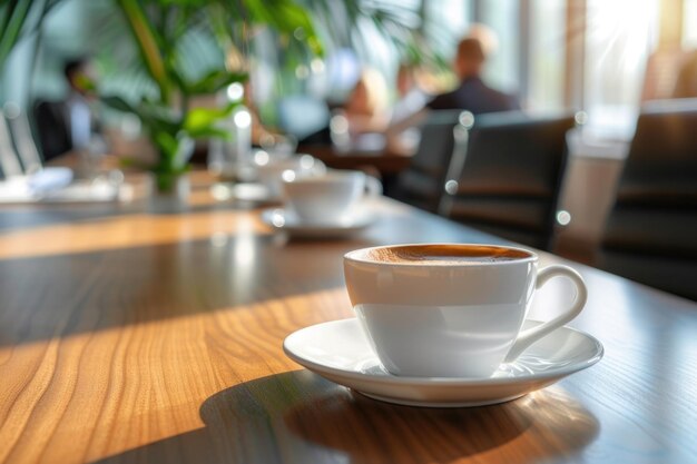 чашки кофе на офисном столе с людьми, встречающимися на заднем плане