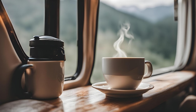 cups of coffee sit on a table next to a cup of coffee