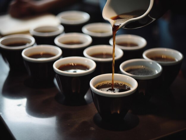 cups of coffee or tea are poured into cups ceramic cups