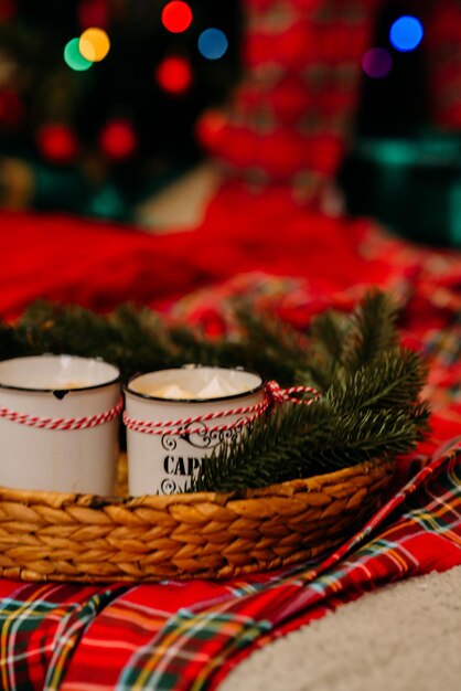 Cups of festive christmas cocoa for the family