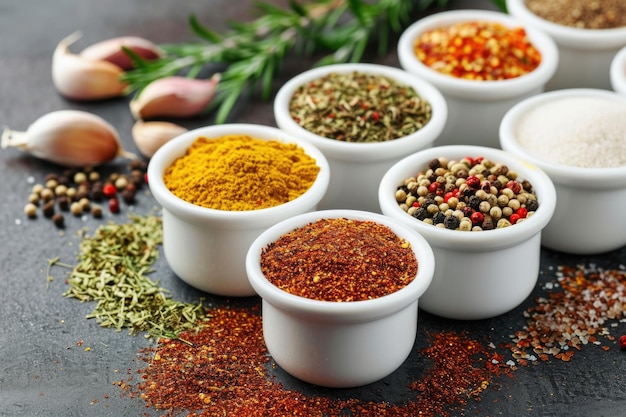 Cups Filled With Various Seasonings Table Background