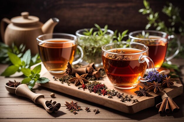 Cups of herbal tea with spices on the wooden board